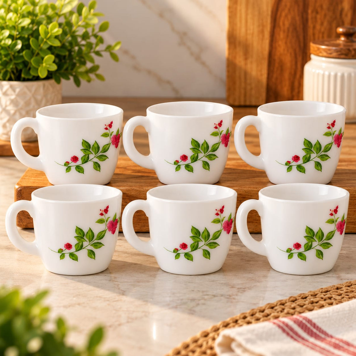 CELLO Ricca Imperial Rose Cup Set of 6, 100 ML | Elegant Floral Printed Tea & Coffee Cups | Stylish Small Cups for Home, Office & Serving