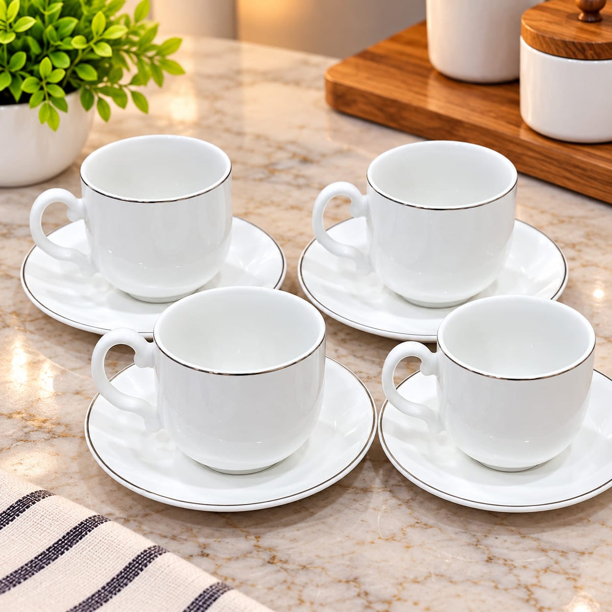 White Ceramic Tea Cup & Saucer Set of 6 | Elegant Coffee Cups with Matching Saucers | Premium Tableware Set for Tea, Coffee, Cappuccino & Hot Beverages