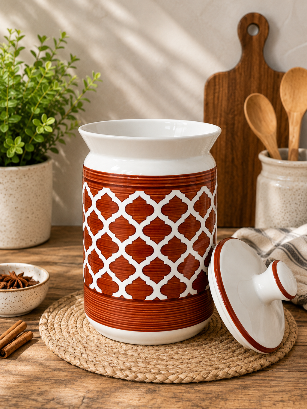 Barniwala 2000 ML Ceramic Cylindrical Storage Jar with Lid | Premium Large Kitchen Container for Pickle, Achar, Spices, Sugar, Tea, Coffee, Dry Fruits & Snacks | Stylish Pantry Organizer & Food Storage Canister