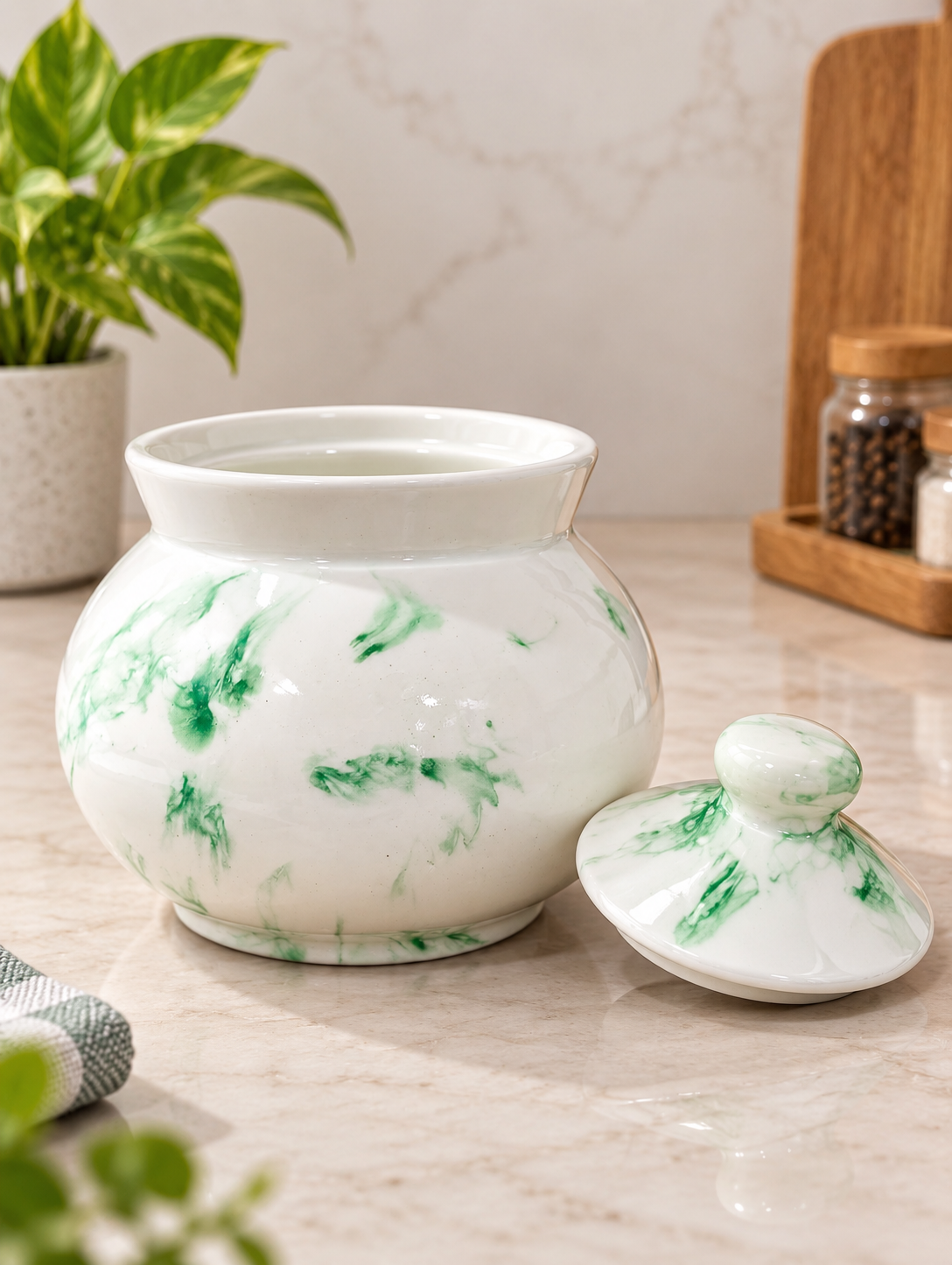 Barniwala 500 ML Ceramic Marble Handi Storage Jar with Lid | Premium Decorative Kitchen Container for Pickle, Achar, Spices, Dry Fruits & Snacks