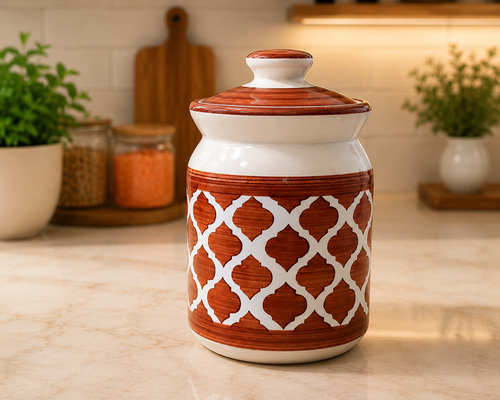 Barniwala 1000 ML Ceramic Cylindrical Storage Jar with Lid | Decorative Kitchen Canister for Pickle, Achar, Spices, Dry Fruits, Snacks, Biscuits, Tea, Coffee & Pantry Essentials