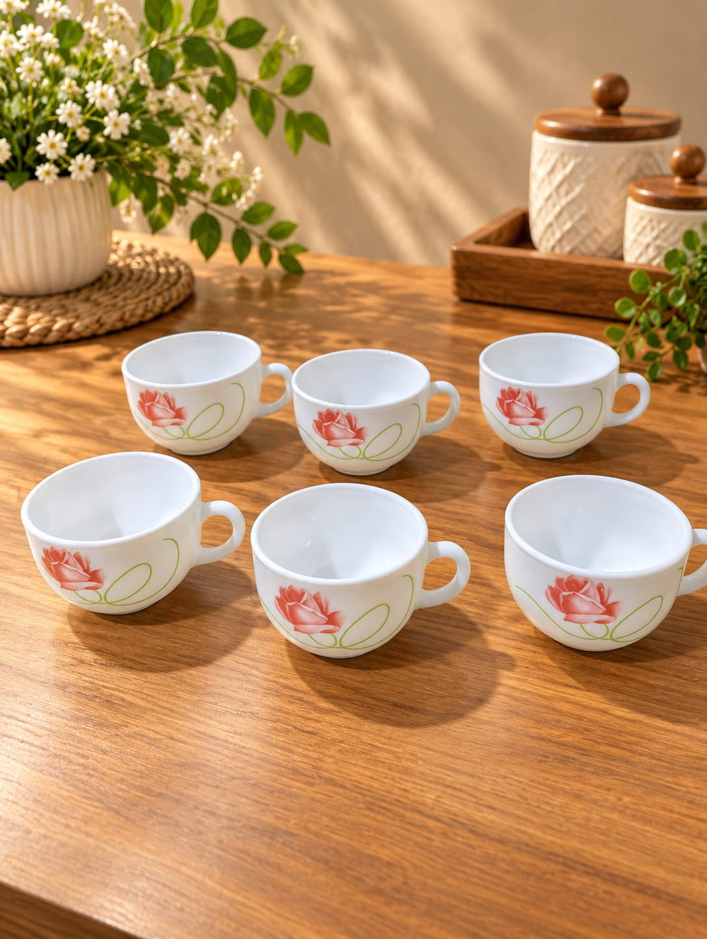 La Opala Dainty Swirls Cup Set of 6, 100 ml | White Cups with Pink Rose Floral Design | Elegant Tea & Coffee Cups for Home, Office & Gifting