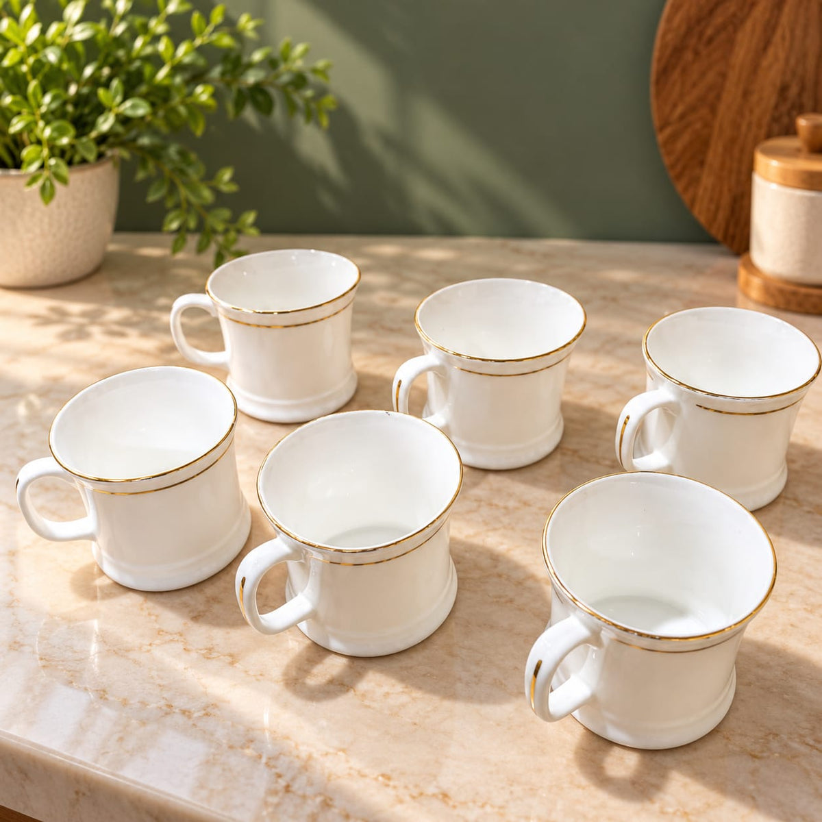 BHARAT NOVA Small Cup Set of 6 | 165 ML White Tea & Coffee Cups | Elegant Gold Rim | Stylish Cups for Home & Office