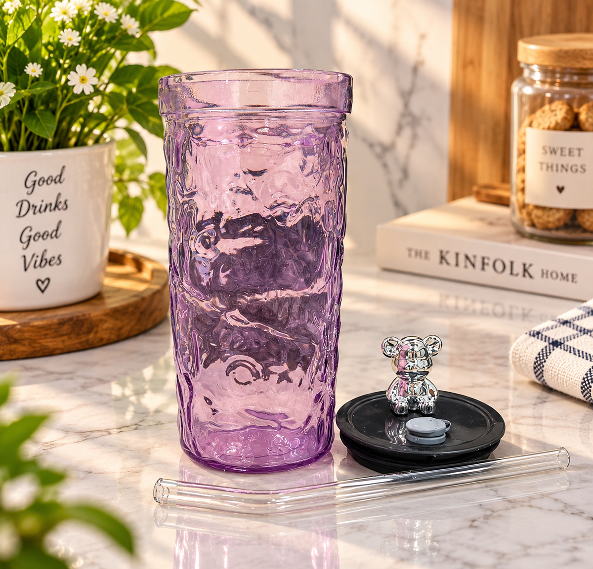 Diamond Glass Purple Pack of 1 | Stylish Textured Glass Tumbler with Lid & Straw | Premium Drinking Cup for Juice, Water, Cold Coffee, Milkshake & Mocktails | Reusable Glass Cup