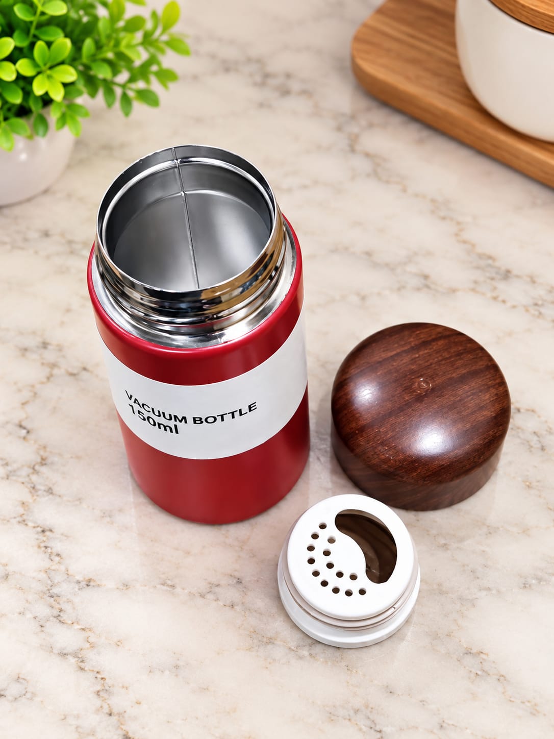 Pocket Thermos 150 ML Vacuum Flask, 1 Piece | Compact Insulated Bottle with Stylish Wooden-Finish Cap | Mini Thermos Bottle for Tea, Coffee, Hot & Cold Beverages | Red