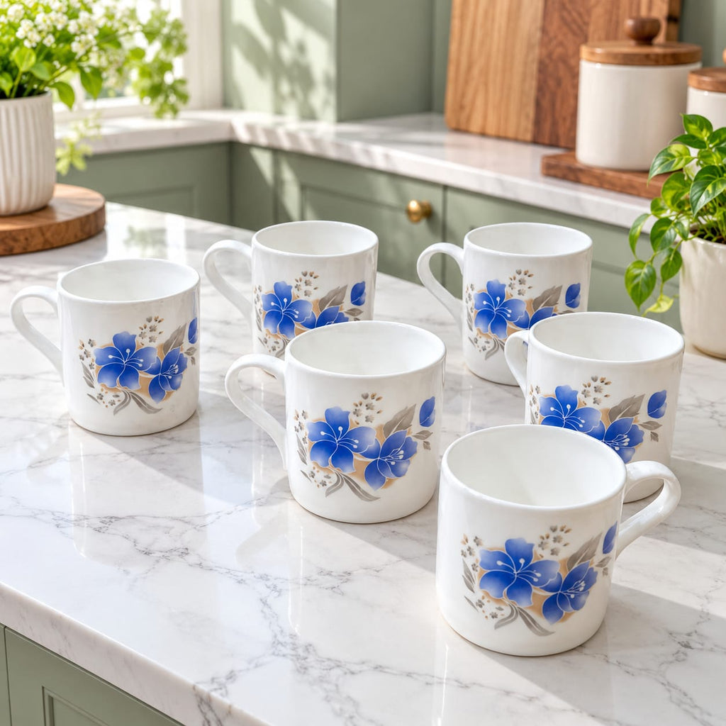BHARAT Cup Set 6 Pcs King 180 ML | Stylish White Tea & Coffee Cups with Blue Floral Design | Premium Cup Set for Home, Office & Gifting