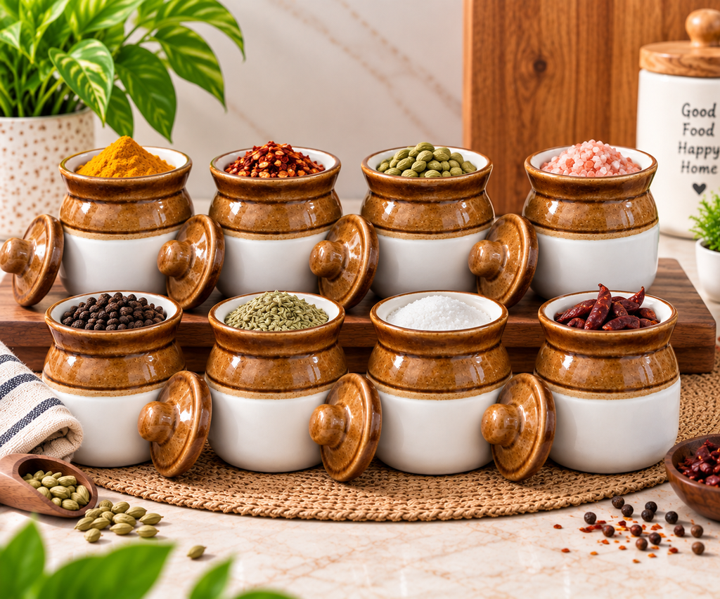 100 ML Ceramic Cylindrical Storage Jars with Lids | Pack of 8| Multipurpose Kitchen & Home Storage Containers | Spice, Masala, Dry Fruits & Condiment Organizer | Compact Decorative Ceramic Jars |