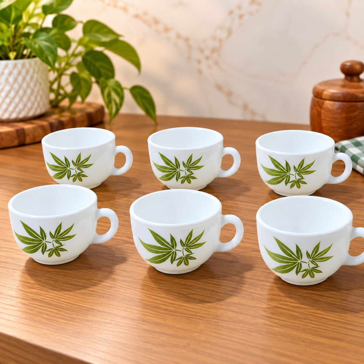 La Opala Trinty Green Cup Set of 6, 100 ML Each, White Cups with Green Leaf Design for Tea, Coffee, Home & Gifting