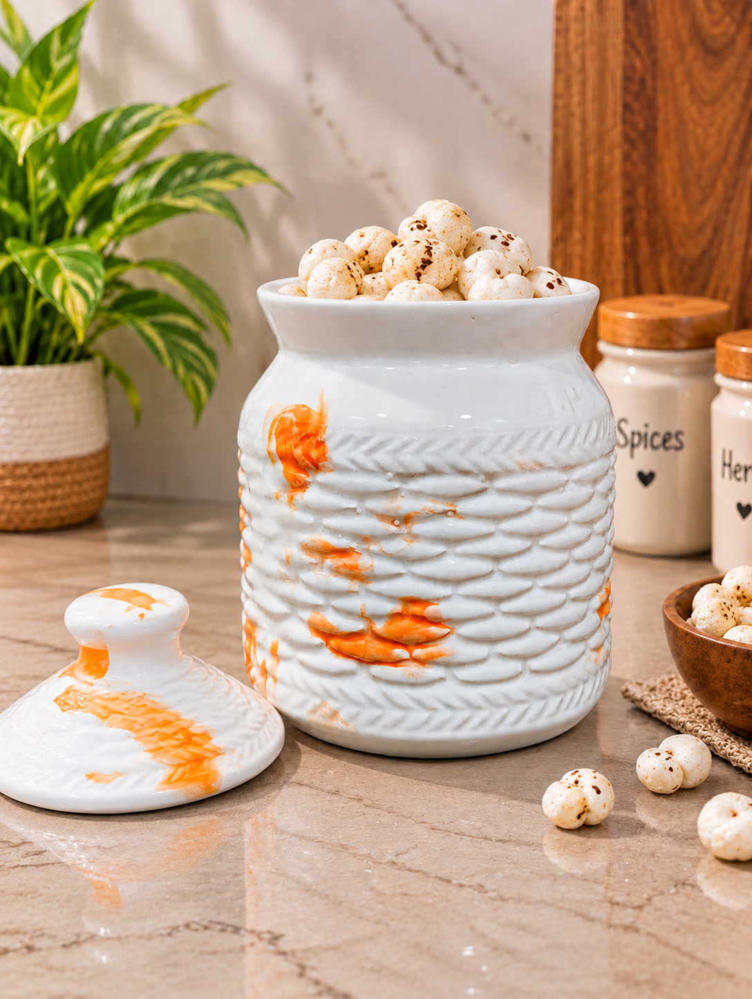Barniwala 500 ML Ceramic Cutting Storage Jar with Lid | Premium Decorative Kitchen Container for Pickle, Achar, Spices, Sugar, Tea, Coffee, Dry Fruits & Snacks | Stylish Pantry Organizer
