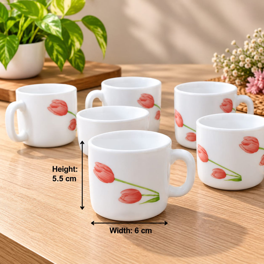 La Opala Scarlet Duet Cup Set of 6, 120 ml Each, White Floral Tea & Coffee Cups