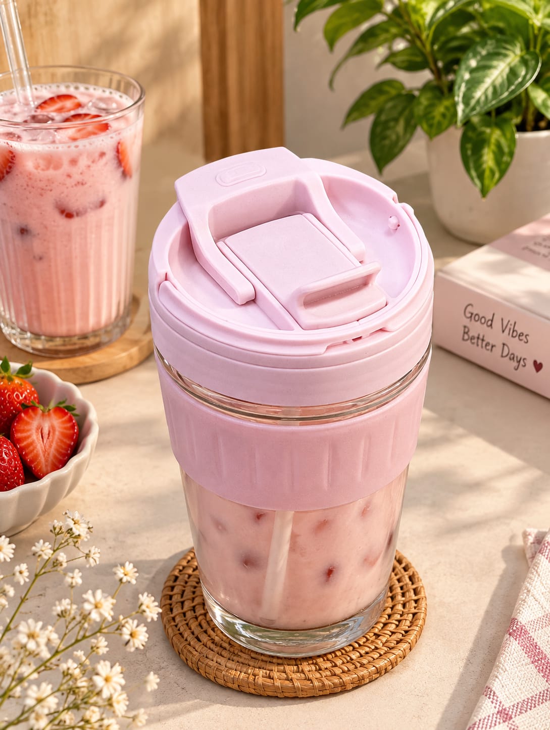Blush Pink Glass Tumbler Pack of 1 | Premium Glass Sipper Cup with Flip Lid & Straw | Stylish Drinking Cup for Water, Juice, Cold Coffee, Milkshake, Smoothies & Mocktails