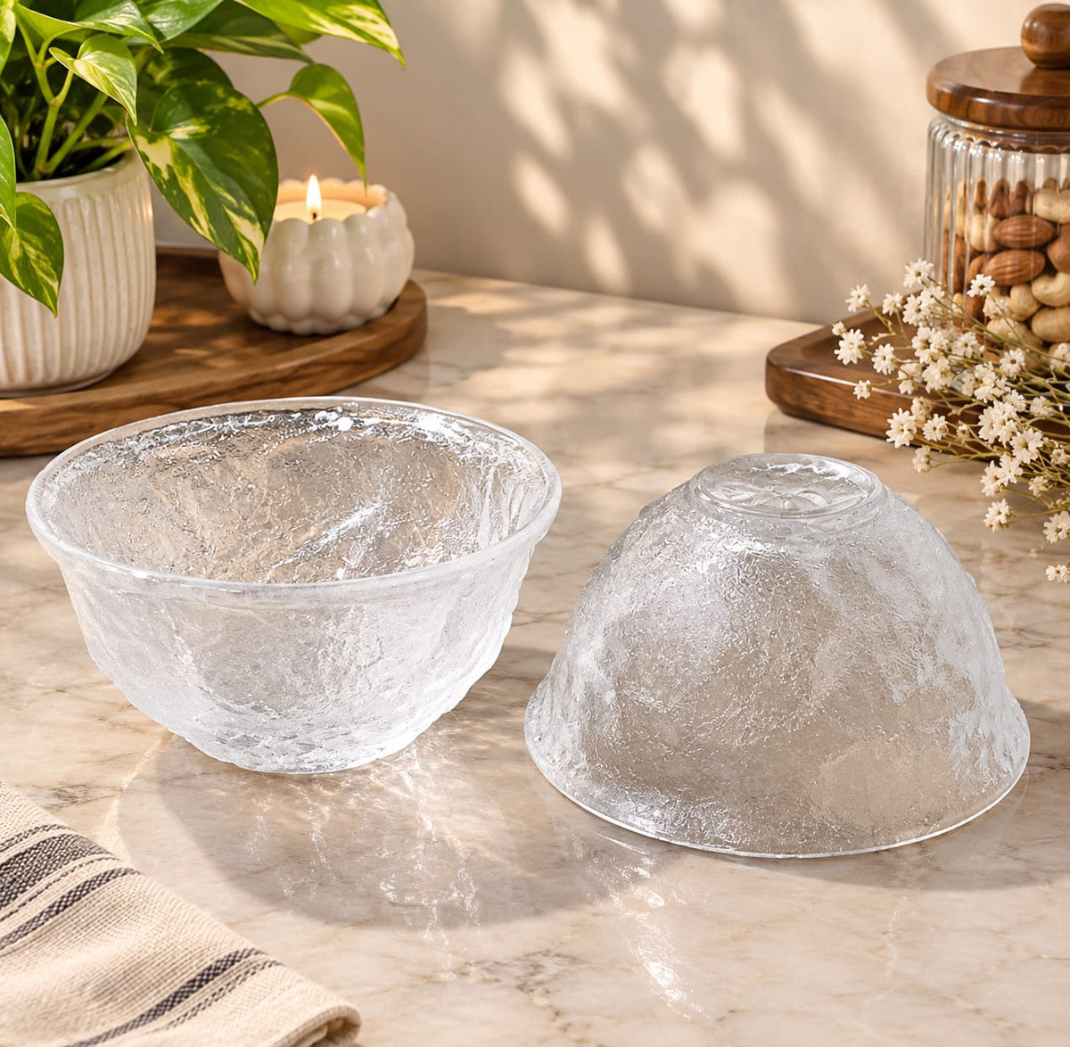 Cool Summer Glacier Glass Bowls Set of 2 | Elegant Textured Glass Serving Bowls for Ice Cream, Desserts, Fruits, Snacks & Salads | Stylish Crystal Look Bowls for Kitchen, Dining & Parties