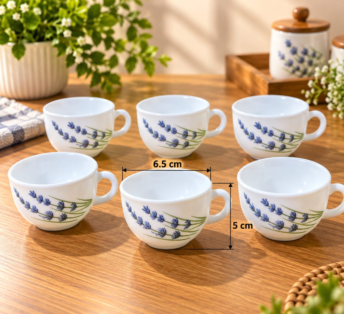 La Opala English Lavender Cups Set of 6, 100 ml | Elegant White Ceramic Cups with Blue Lavender Floral Design | Tea, Coffee & Serving Cups