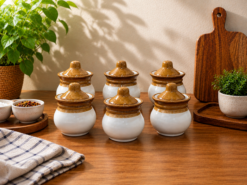 Barniwala 150 ML Ceramic Handi Lota Storage Jars  with Lids Pack of 6 | Mini Traditional Kitchen Containers for Pickle, Achar, Spices, Sugar, Tea, Coffee, Dry Fruits & Snacks | Decorative Pantry Organizer & Food Storage Jars