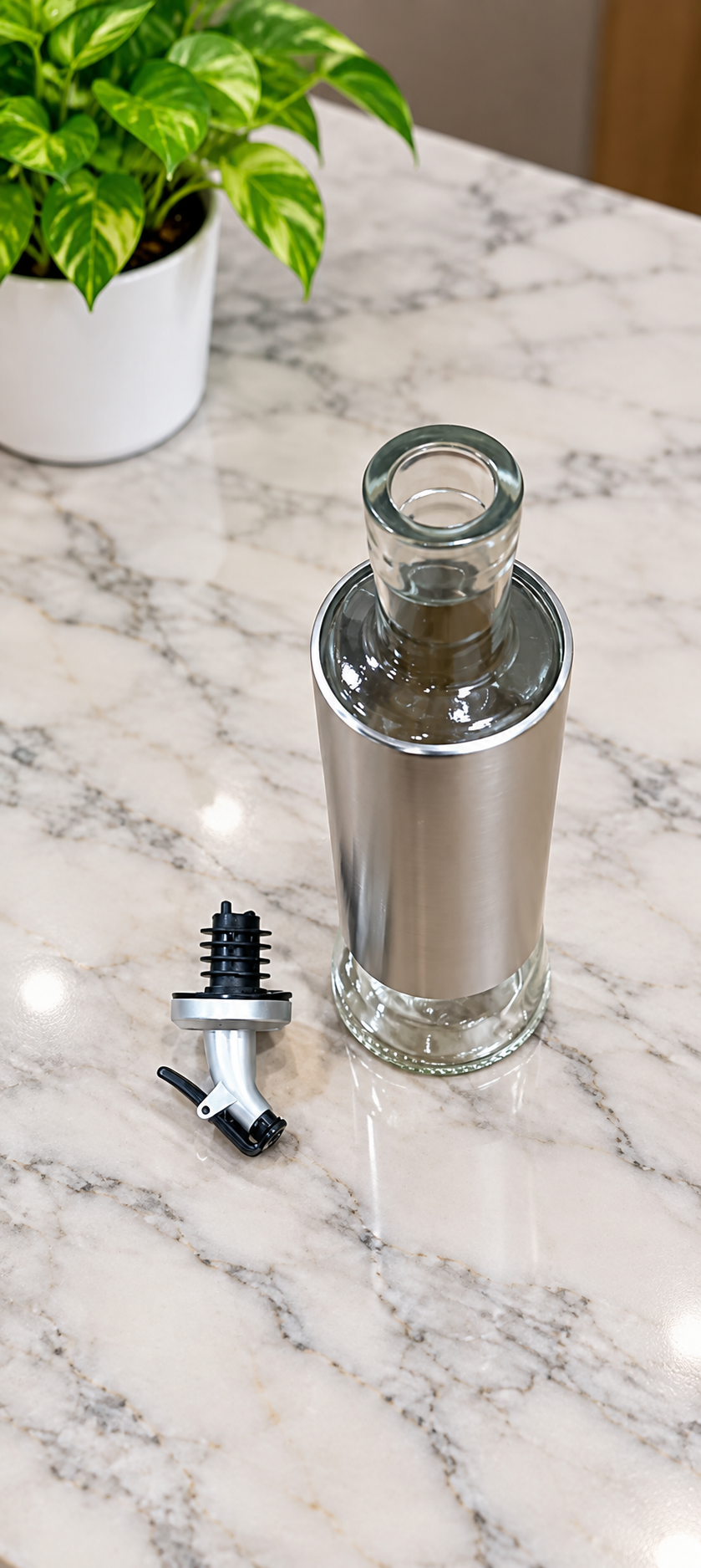 Oil and Vinegar Bottle with Easy Press Pourer, Stainless Steel & Clear Glass Oil Dispenser | Cooking Oil, Vinegar, Sauce & Dressing Bottle for Kitchen, Dining Table & Restaurant