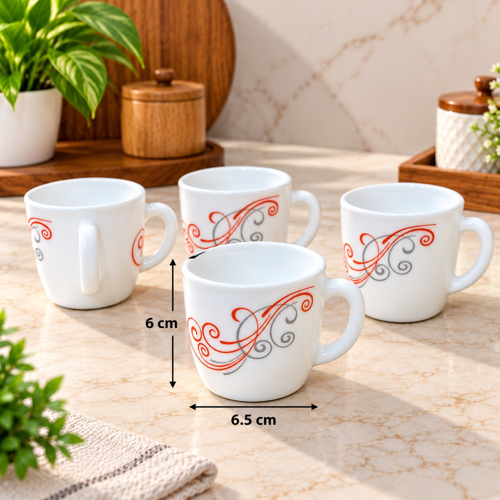 Cello Ricca Red Swirl Cups Set of 6, 100 ml Small Tea Coffee Cups with Elegant Red & Grey Design for Home, Office and Daily Use