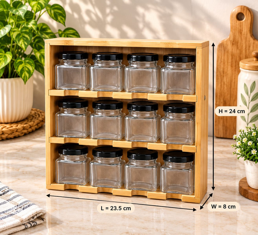 Barniwala 12 Pcs Glass Spice Jar Set with Black Lids & Wooden Spice Rack | Kitchen Masala Organizer | Transparent Spice Containers for Salt, Pepper, Turmeric, Chilli, Herbs & Seasonings