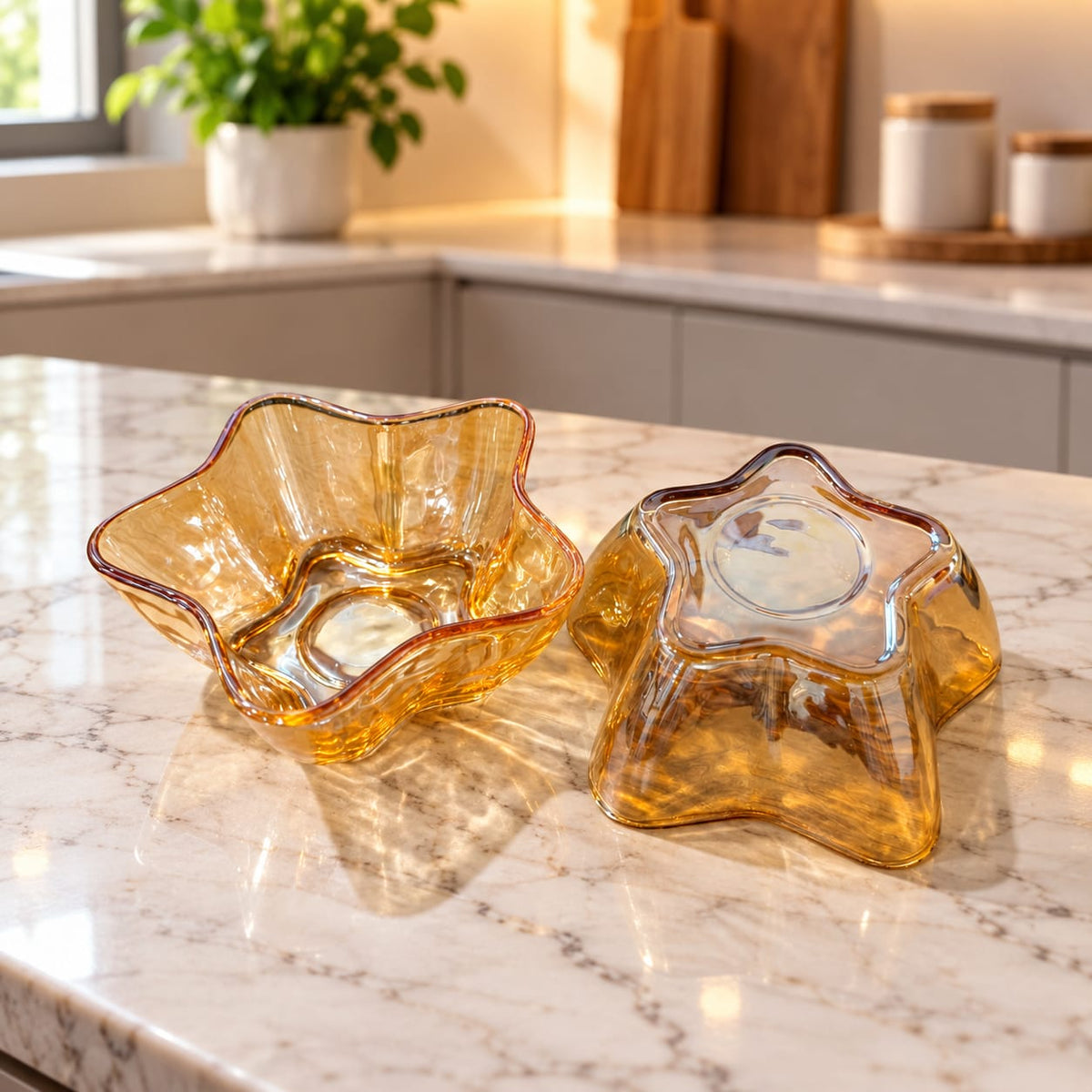 Amber Star Glass Bowl Set of 2 | Decorative Flower-Shaped Glass Serving Bowls | Elegant Amber Glass Bowls for Snacks, Desserts & Home Décor