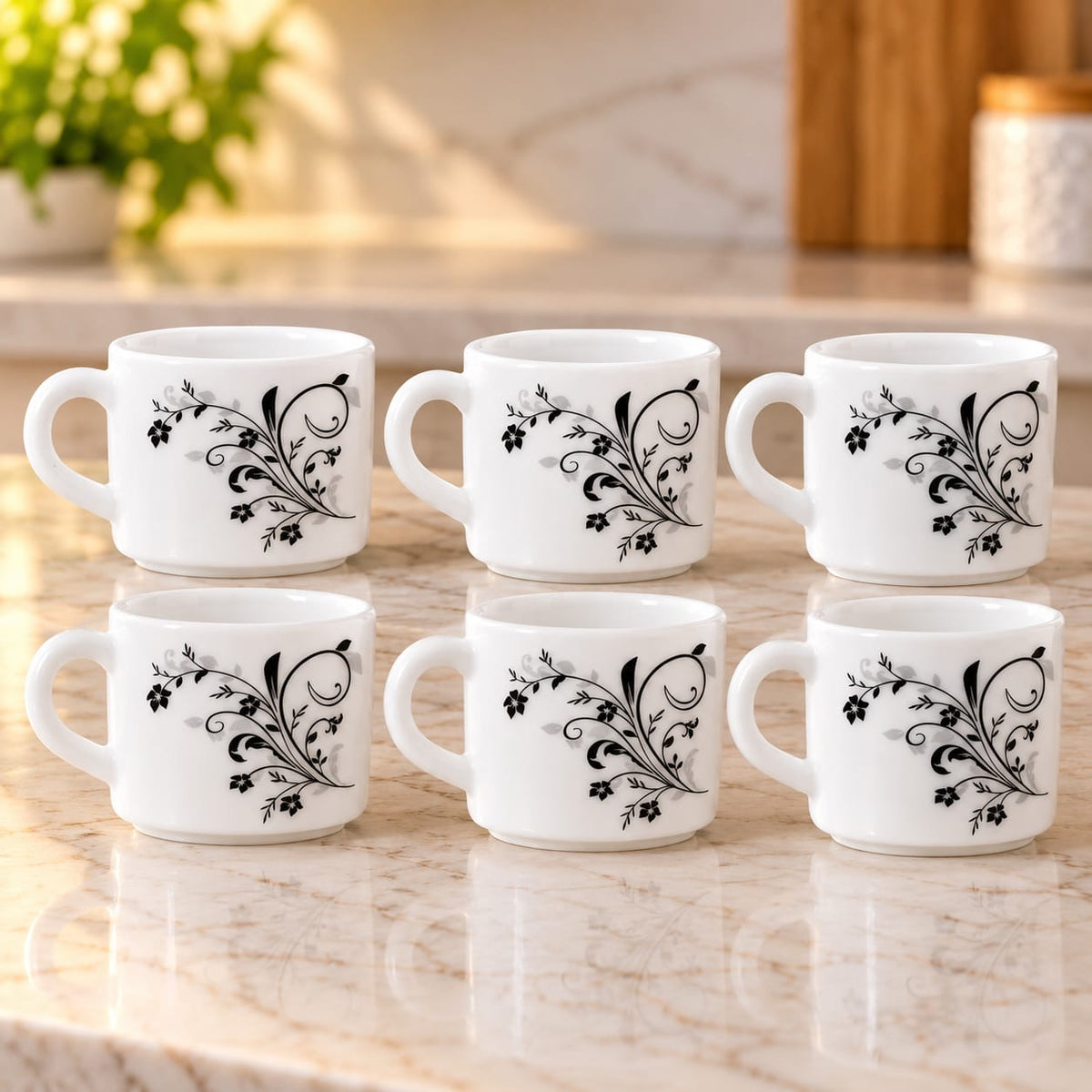 CELLO Roma Black Swirl Cups Set of 6, 140 ML Each | Elegant Printed Tea & Coffee Cups | Stylish Ceramic Cups for Home, Office & Gifting