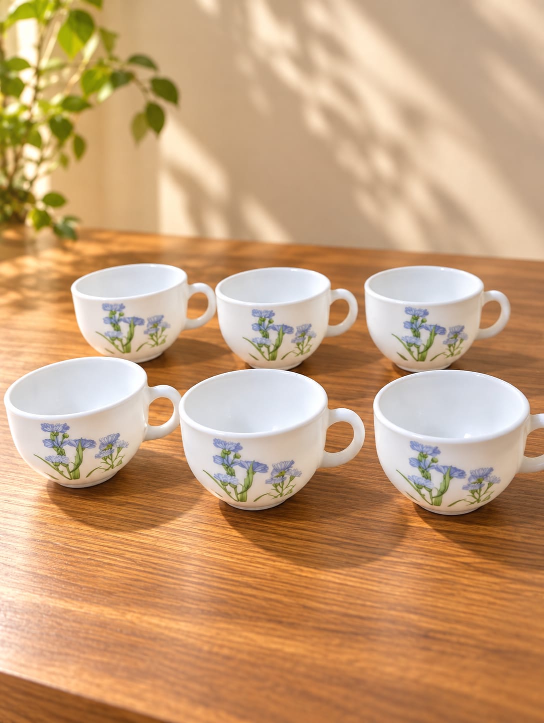 La Opala Blue Florets Cup Set of 6 | 100 ml Small Tea & Coffee Cups | Elegant Floral Design | Premium Opalware Tableware