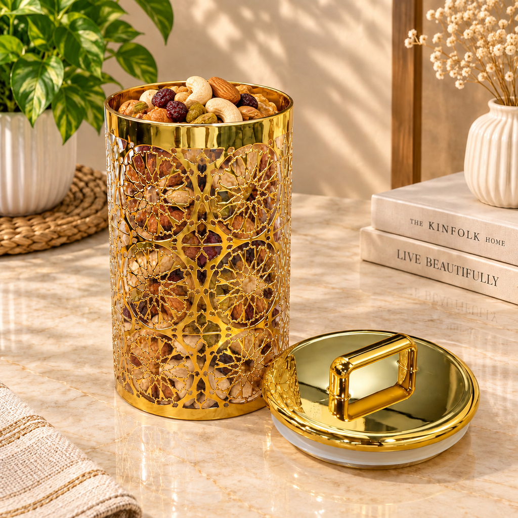 Barniwala Deluxe Gold Canister with Premium Decorative Design & Lid | Elegant Kitchen Storage Container for Dry Fruits, Snacks, Tea, Coffee, Sugar & Spices | Stylish Food Storage Jar for Home & Dining