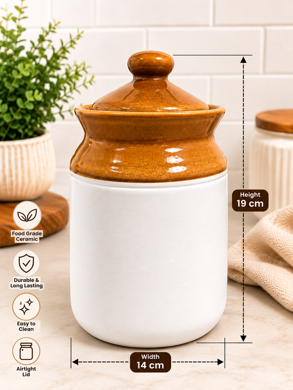 Barniwala 1500 ML Ceramic Cylindrical Storage Jar with Lid | Premium Kitchen Canister for Pickle, Achar, Spices, Dry Fruits, Snacks, Biscuits, Tea, Coffee & Pantry Storage