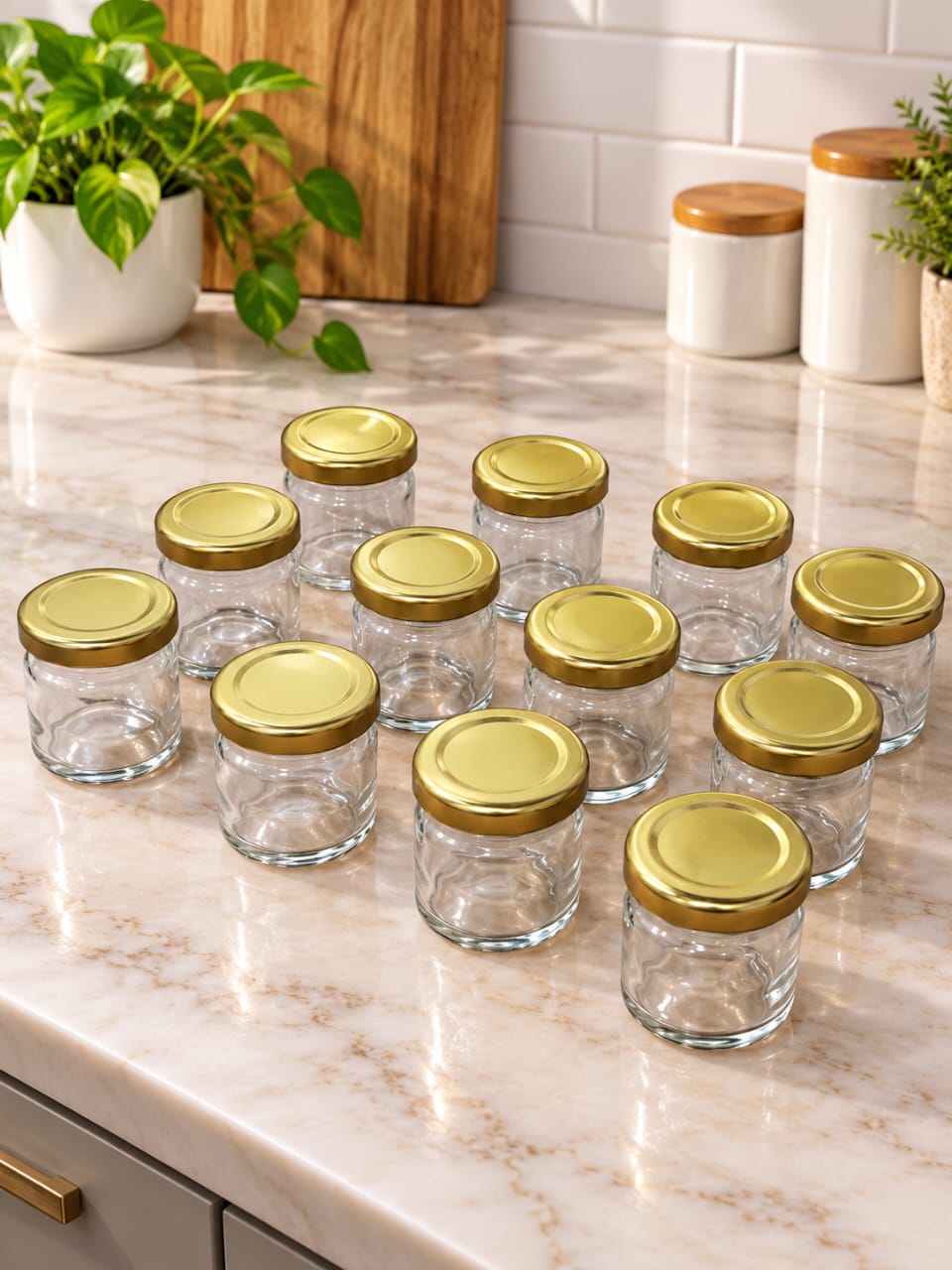 Cylindrical Glass Jars 40 ML with Golden Metal Lid, Set of 12 | Mini Glass Storage Containers for Spices, Dry Fruits, Crafts, Cosmetics & Kitchen Storage