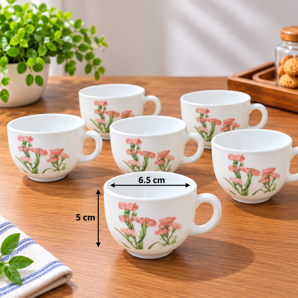 La Opala Pink Florets Cup Set of 6, 100 ML Each | White Floral Printed Tea Cups | Elegant Pink Flower Design | Small Tea, Coffee & Serving Cups