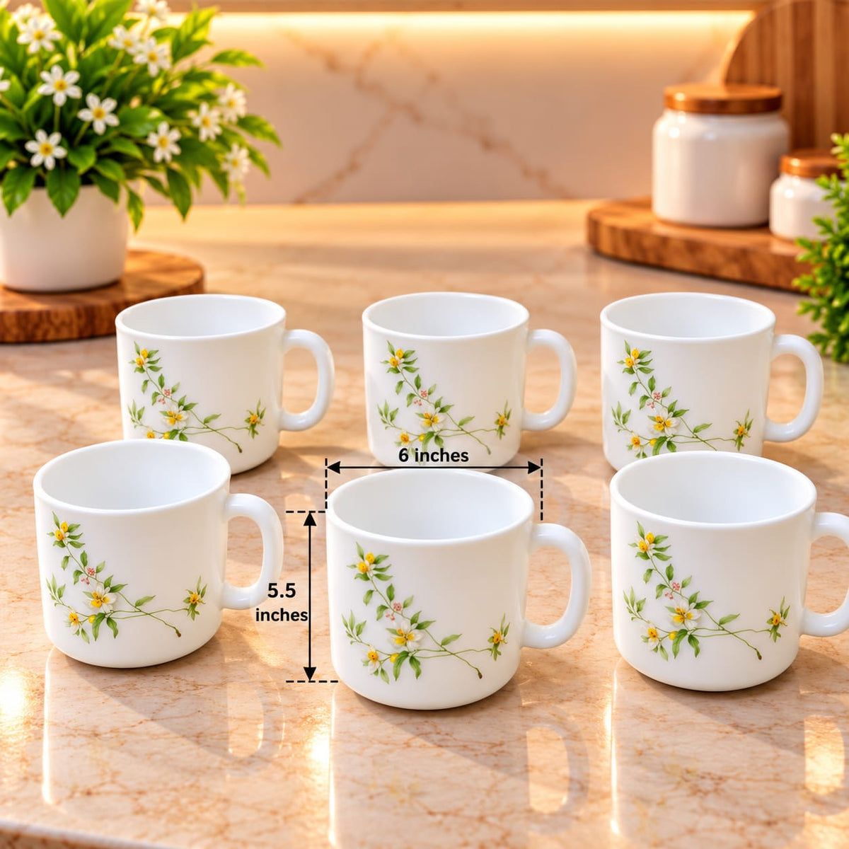 La Opala Vivid Greens Cup Set of 6, 120 ML Each | Elegant Floral Design Tea & Coffee Cups | Lightweight & Stylish Cups for Home, Office & Gifting