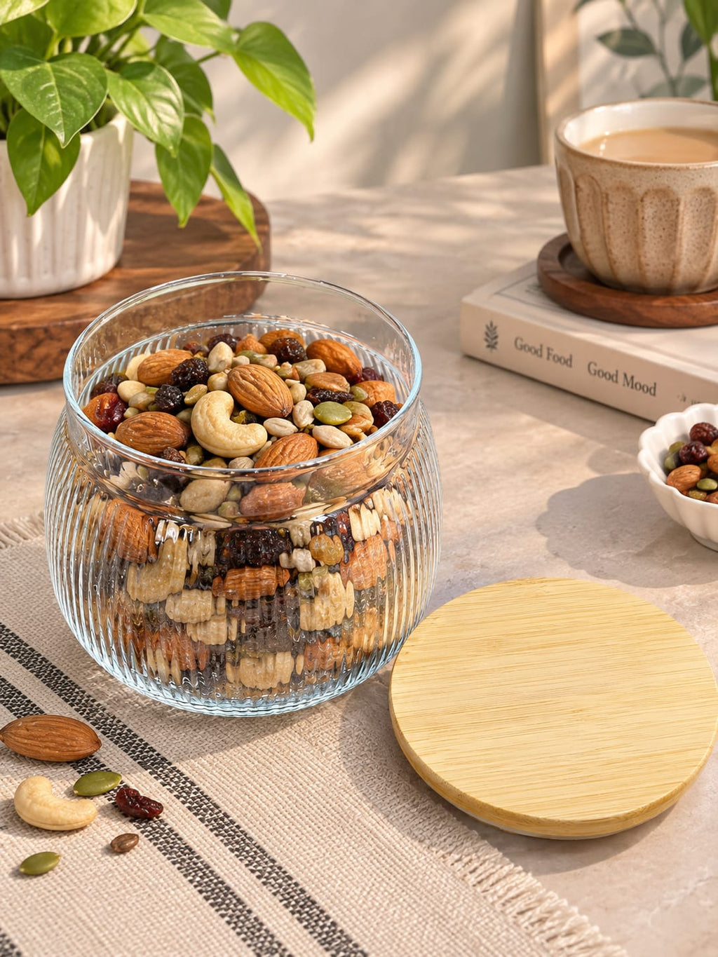 Glass Storage Jar with Bamboo Lid pack of 1 | Ribbed Textured Glass Container | Premium Kitchen Storage Jar for Dry Fruits, Nuts, Spices, Sugar, Tea, Coffee & Snacks