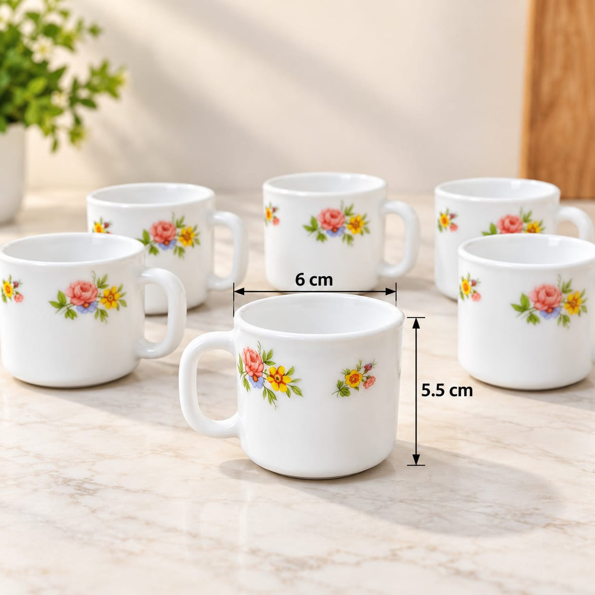 La Opala Patite Roses Cup Set of 6, 120 ML | Elegant Floral Design Tea & Coffee Cups | White Ceramic Look Tableware for Home, Office & Gifting