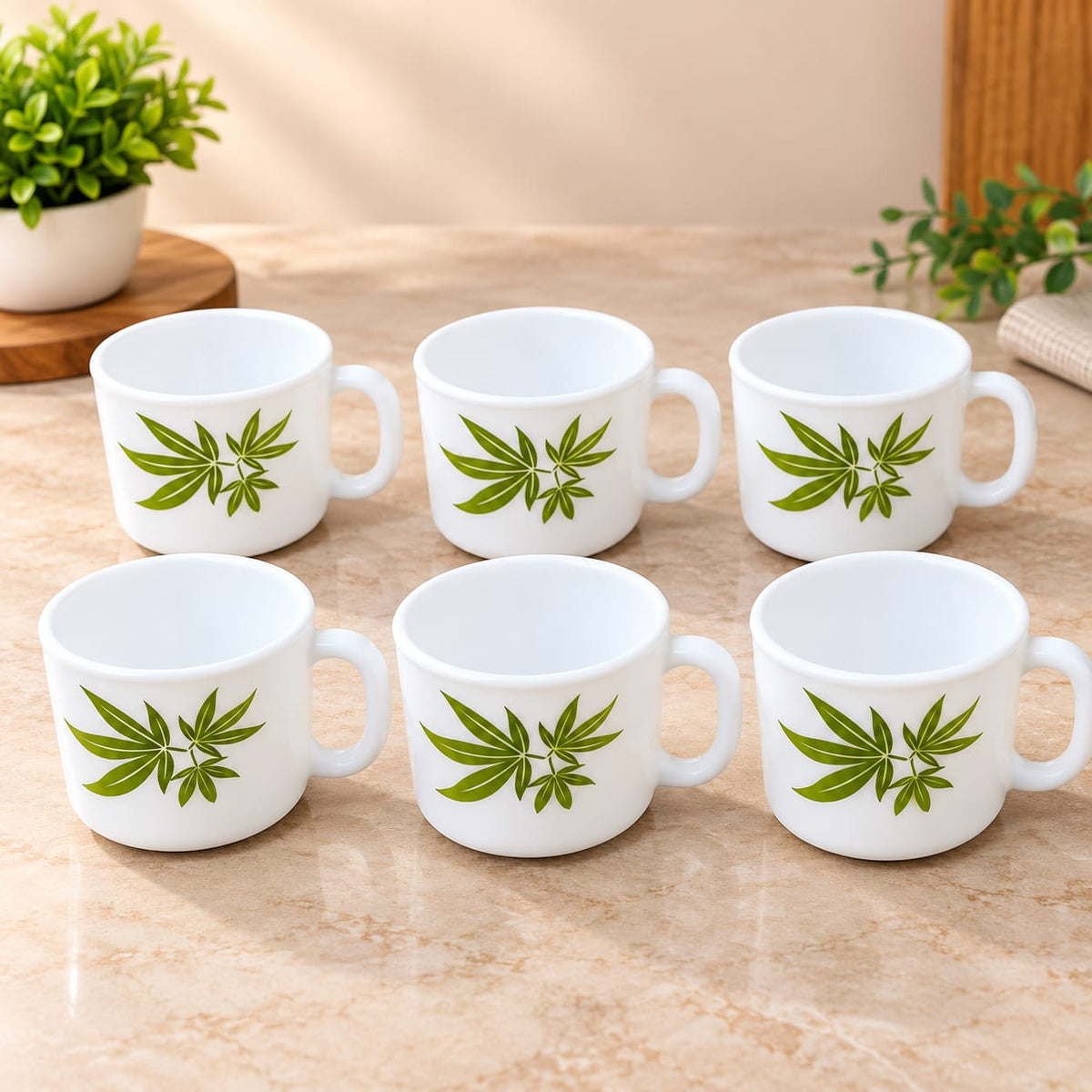 La Opala Trinity Green Cup Set of 6 | 120 ML Premium Opalware Tea & Coffee Cups | Elegant Green Leaf Design | Lightweight, Stylish & Durable Cups for Home and Office