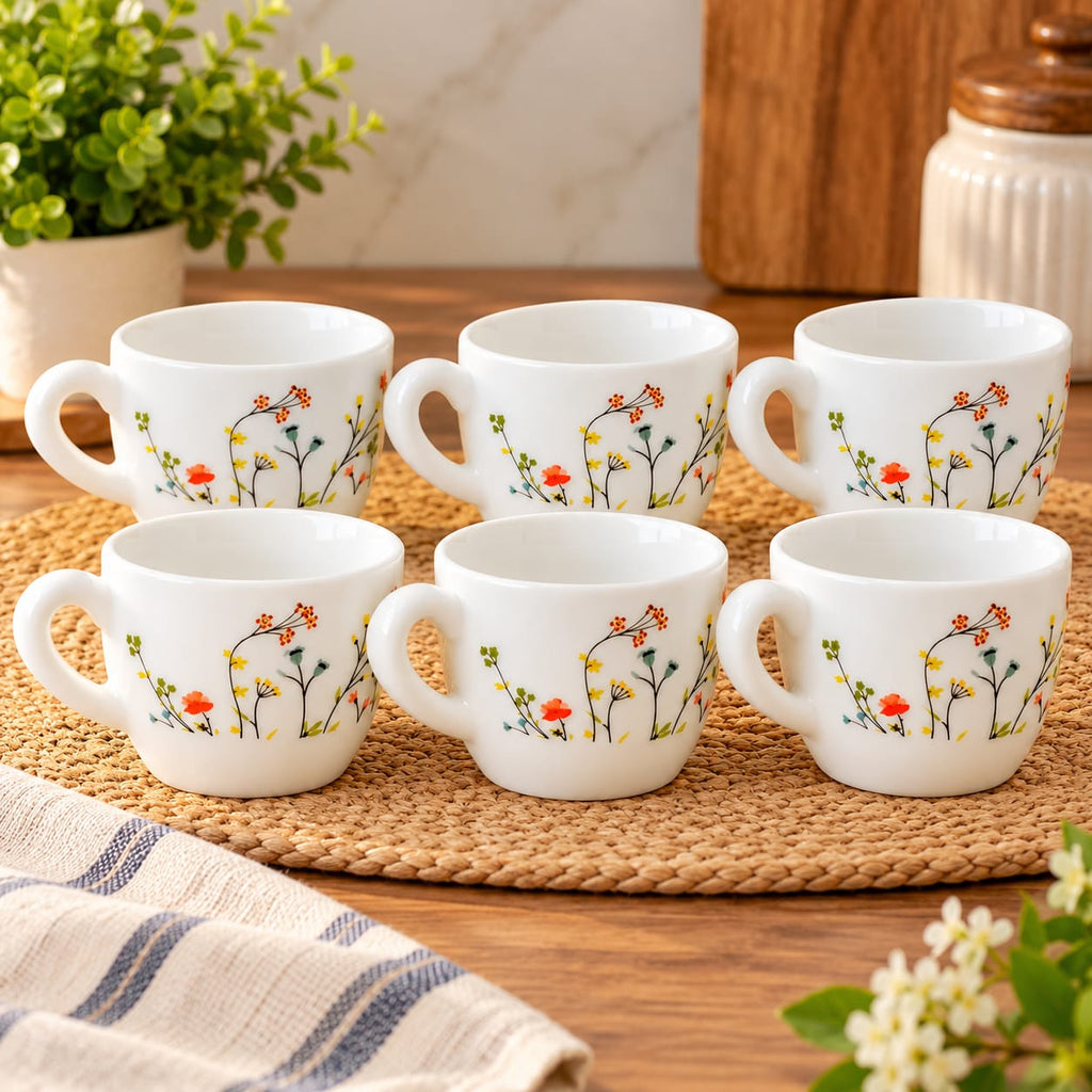 CELLO Queen Hanging Garden Coffee & Tea Cups Set of 6, 130 ML | Floral Printed Cups for Tea, Coffee & Milk | Elegant Tableware for Home & Office
