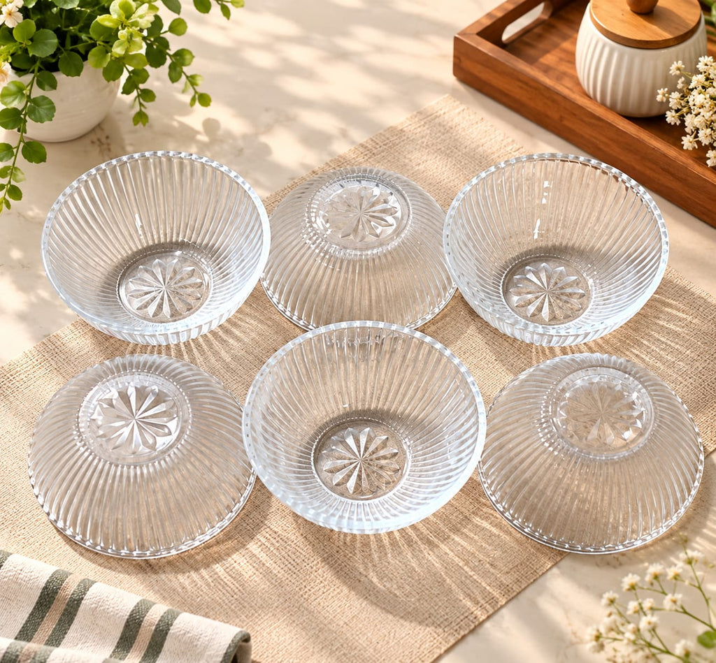Dessert Glass Bowls Set of 6 | Fluted Ribbed Floral Pattern Glass Bowls with Decorative Flower Base | Elegant Ice Cream Dessert Serving Bowls for Pudding, Mousse, Fruits, Custard, Sweets & Snacks