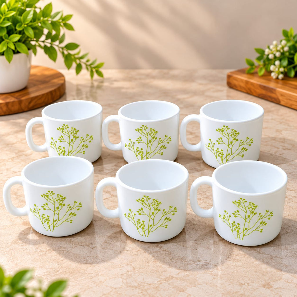 La Opala Blissfull Green Cup Set of 6, 120 ML Each | Elegant White Cups with Green Botanical Design | Stylish Tea, Coffee & Beverage Cups