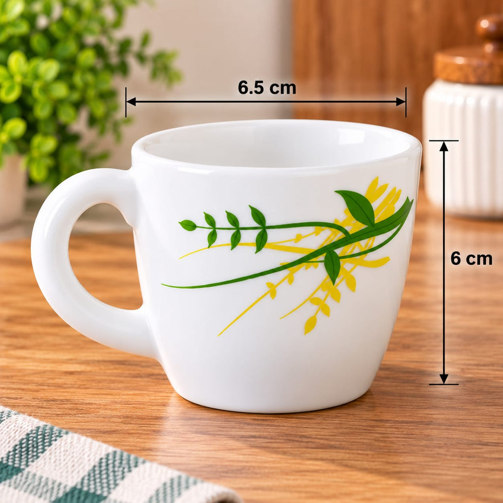 LARAH Green Herbs Cup Set of 6 | 100 ML Small  Coffee & Tea Cups | White Cups with Green & Yellow Leaf Design | Elegant Tea Cups for Home, Office & Gifting