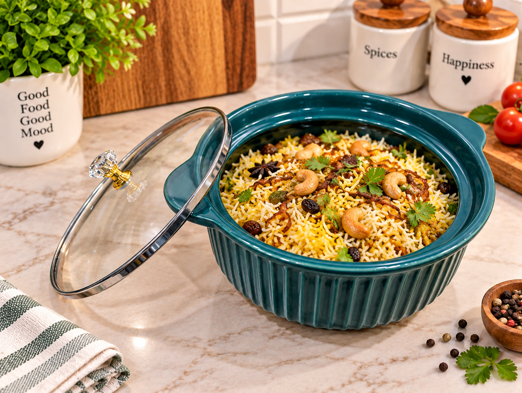 Barniwala Ceramic Soup Bowl with Glass Lid, Deep Teal Ribbed Serving Bowl | Multipurpose Ceramic Casserole Bowl for Soup, Dal, Curry, Pasta, Rice & Food Serving | Elegant Kitchen & Dining Bowl