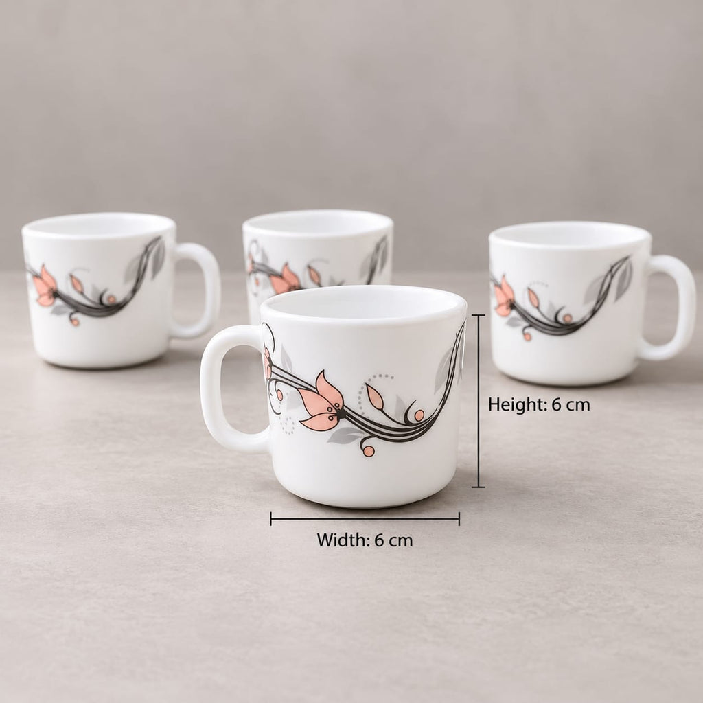 La Opala Scarlet Blooms Cup Set of 6, 120 ml Each, White Floral Design Tea & Coffee Cups