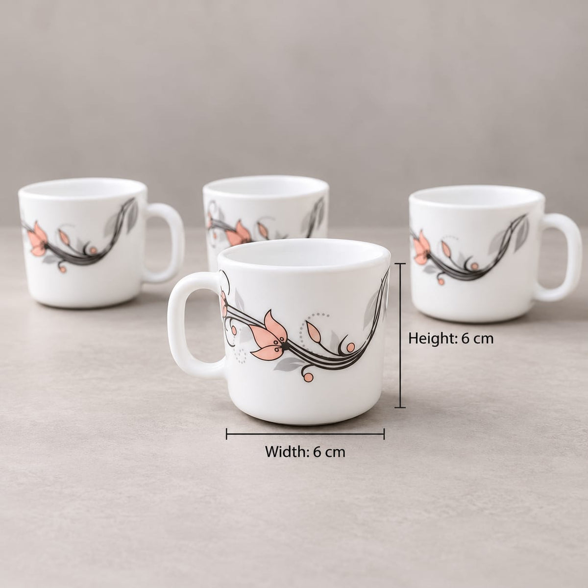 La Opala Scarlet Blooms Cup Set of 6, 120 ml Each, White Floral Design Tea & Coffee Cups