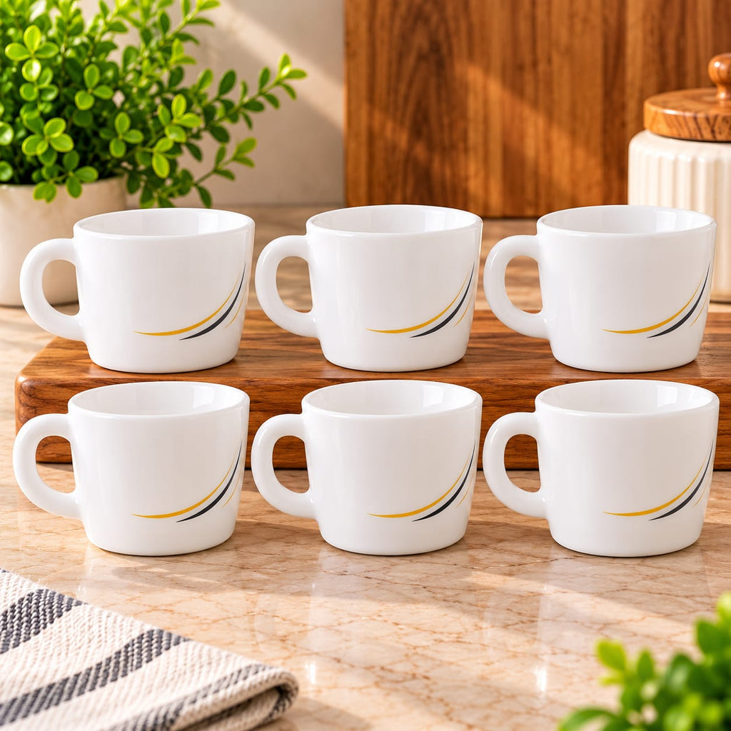 CELLO Stella Golden Arc Cup Set of 6, 100 ML | Elegant White Tea & Coffee Cups with Golden & Black Arc Design | Stylish Cups for Home & Office