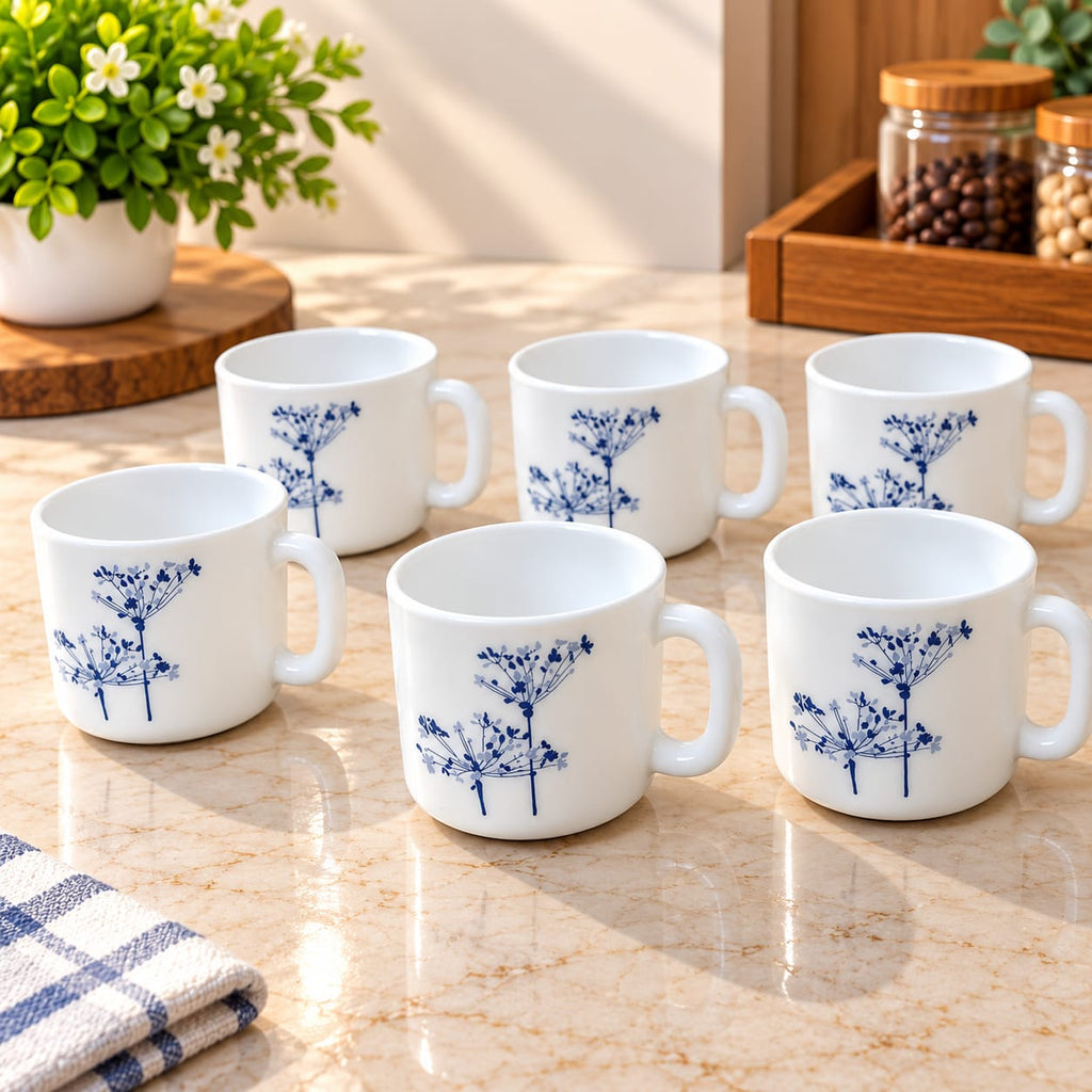 La Opala Aqua Spray Cup Set of 6, 120 ML | Elegant Blue Floral Printed Tea & Coffee Cups | White Ceramic Cups for Home, Office & Gifting