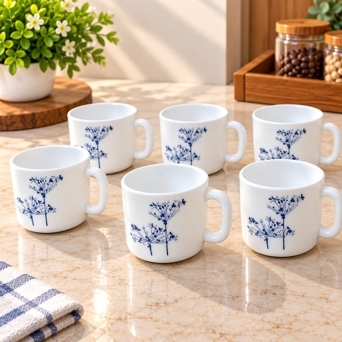 La Opala Aqua Spray Cup Set of 6, 120 ML | Elegant Blue Floral Printed Tea & Coffee Cups | White Ceramic Cups for Home, Office & Gifting