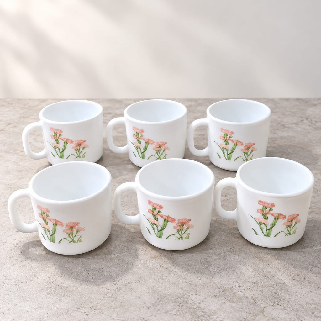 La Opala Pink Florets Cup Set of 6, 120 ML Each | White Floral Printed Tea & Coffee Cups | Elegant Drinkware Set for Home, Office & Gifting