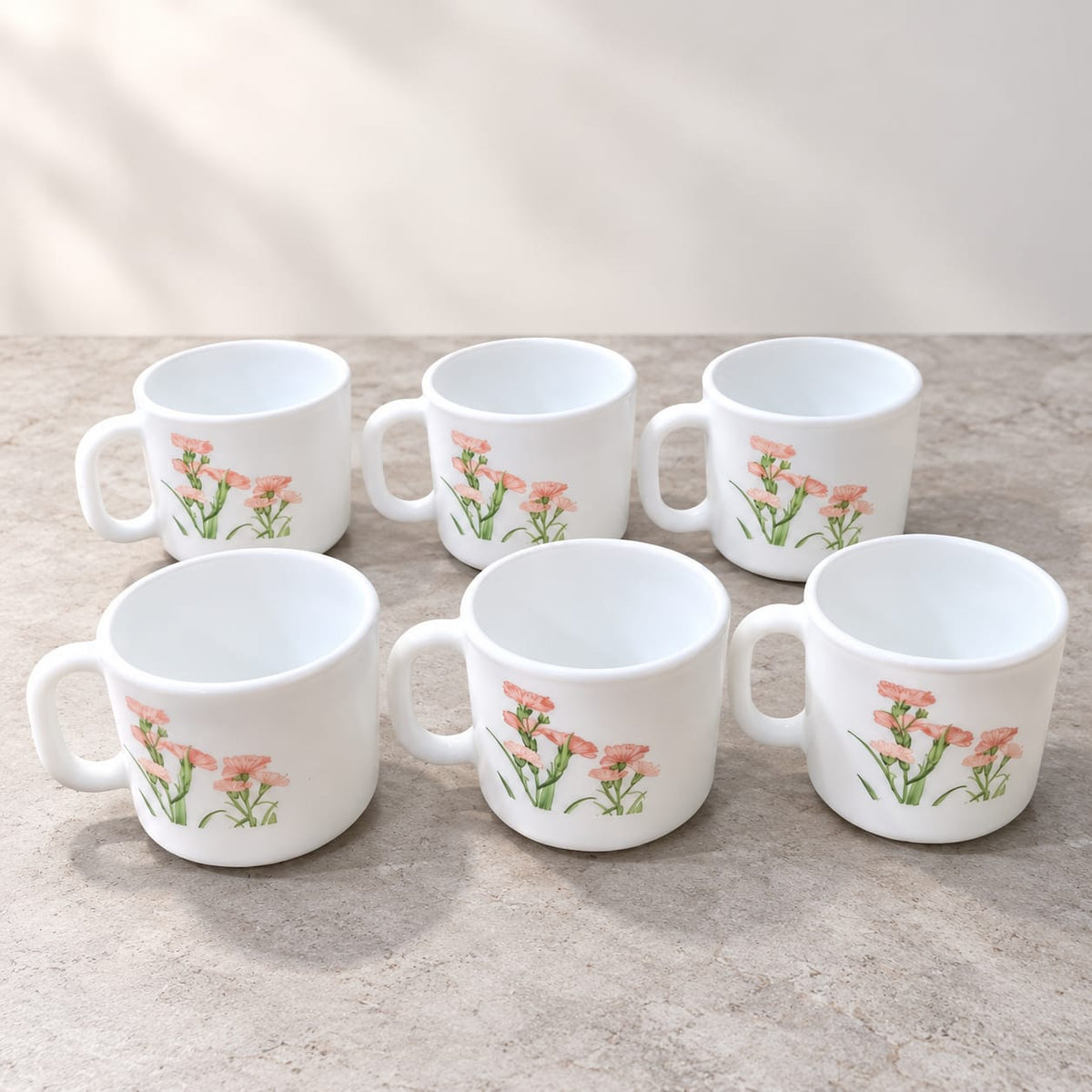 La Opala Pink Florets Cup Set of 6, 120 ML Each | White Floral Printed Tea & Coffee Cups | Elegant Drinkware Set for Home, Office & Gifting