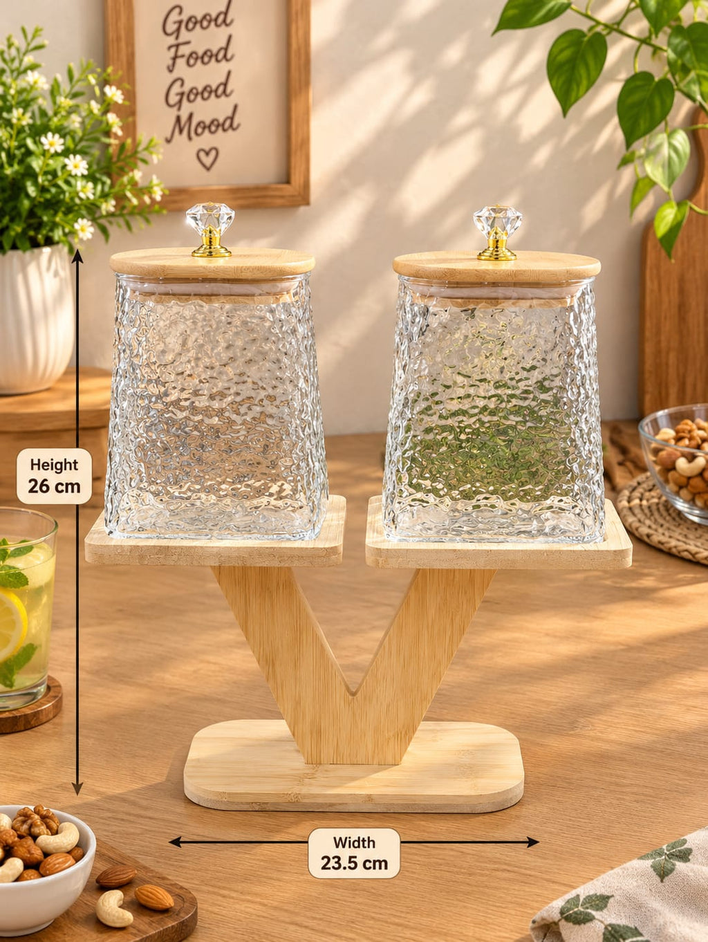 Barniwala Set of 2 Round Heaven & Square Earth Wavy Pattern Glass Storage Jars with Bamboo Lids & Crystal Knobs, Decorative Kitchen Containers for Dry Fruits, Nuts, Snacks & Spices