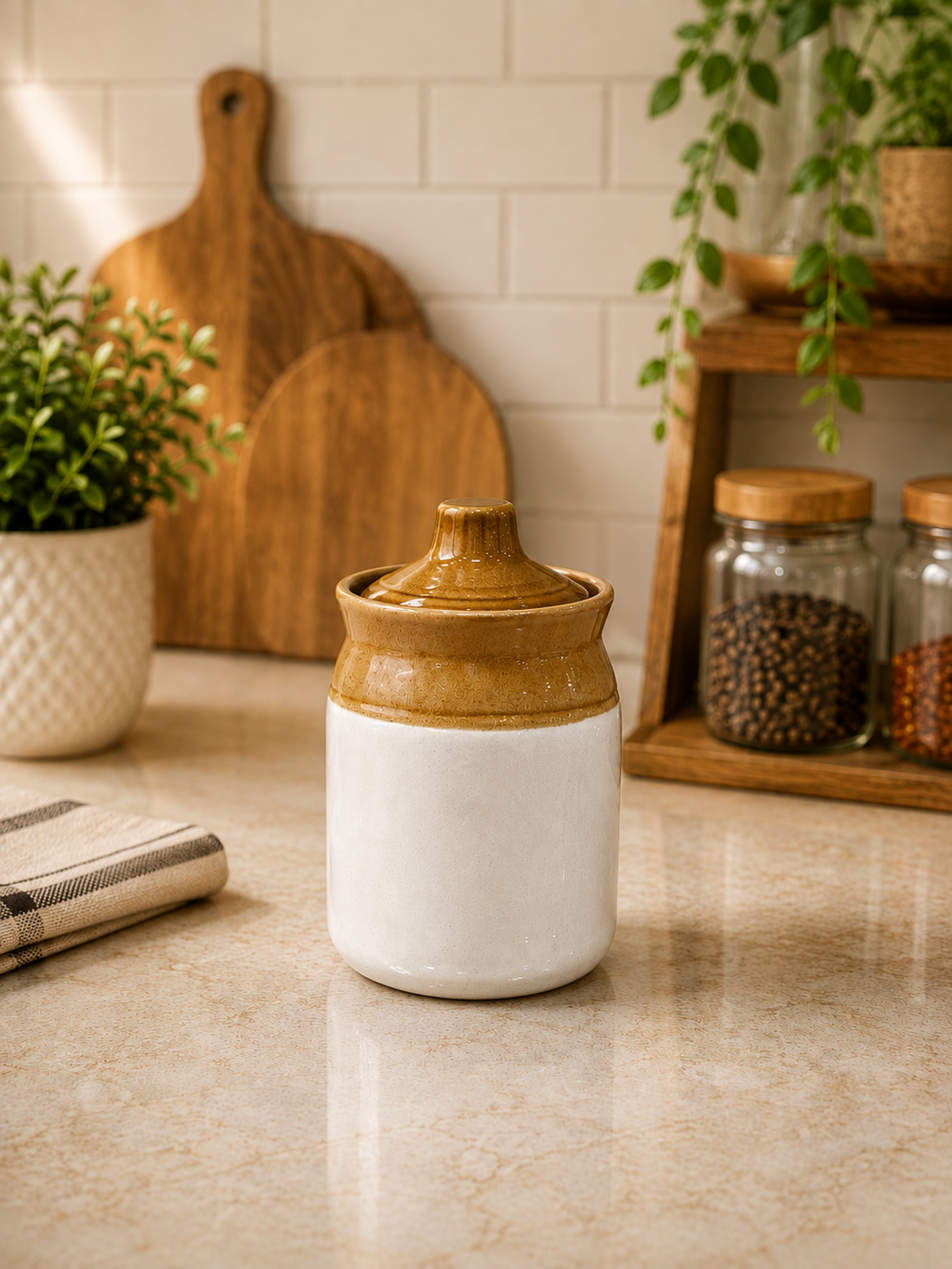 Barniwala 150 ML Ceramic Cylindrical Storage Jar with Lid | Premium Mini Kitchen Container for Pickle, Achar, Spices, Sugar, Tea, Coffee, Dry Fruits & Snacks | Stylish Pantry Organizer & Food Storage Canister