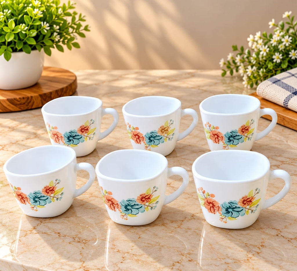 Cello Vogua Meadow Cup Set of 6, 100 ml, White Floral Printed Tea and Coffee Cups