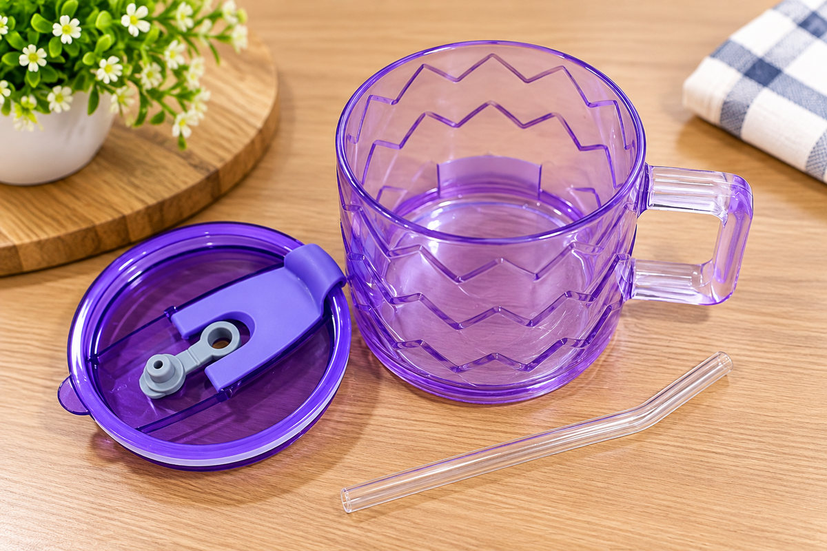 Barniwala Glass Mug with Lid and Straw, Purple Crystal Design Drinking Mug with Handle, Reusable Glass Coffee Tea Juice Mug for Home Office Kitchen