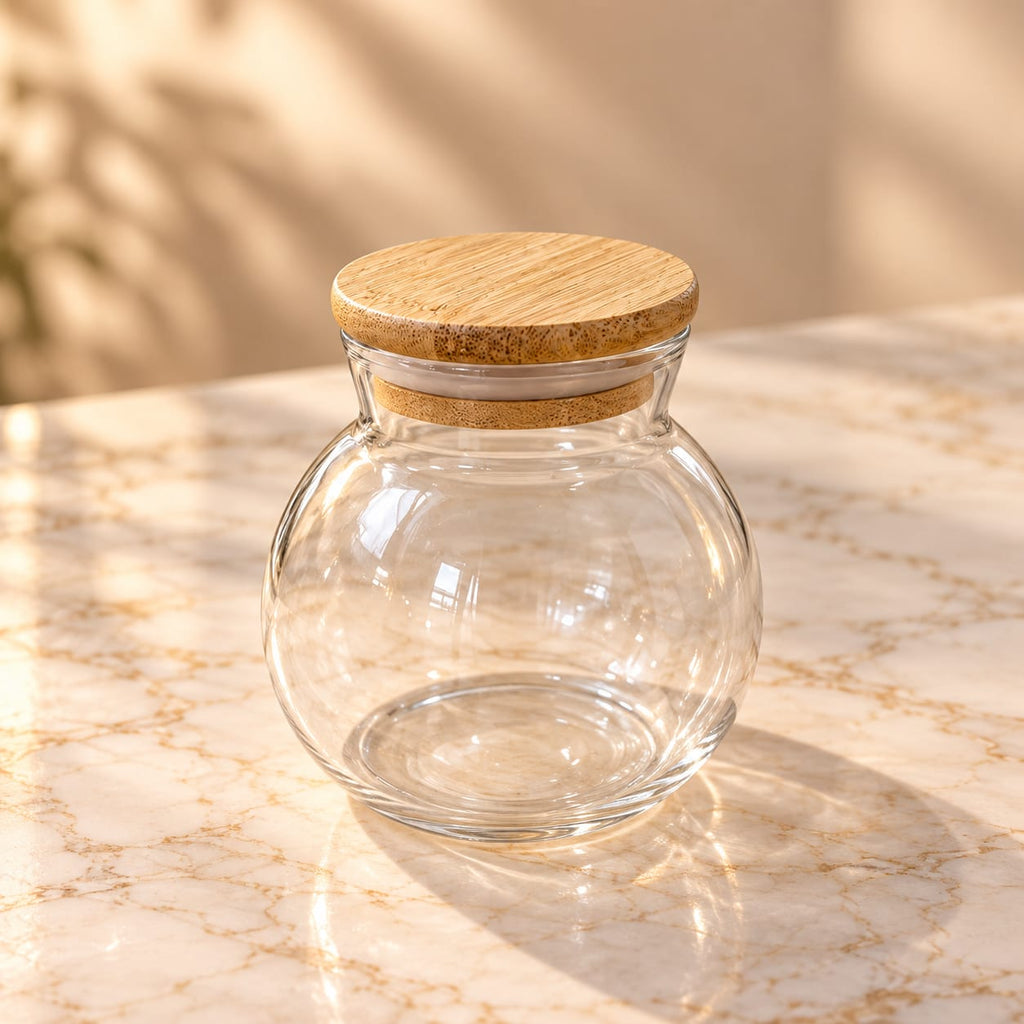 Glass Storage Jar with Bamboo Lid | 1 Pc Transparent Kitchen Canister | Airtight Food Storage Container for Sugar, Tea, Coffee, Spices & Dry Fruits