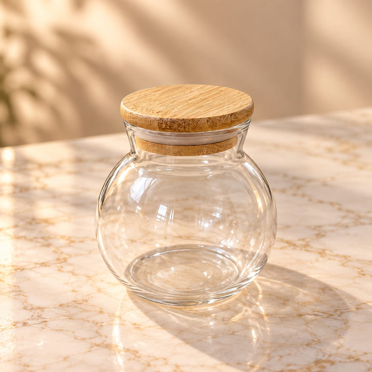 Glass Storage Jar with Bamboo Lid | 1 Pc Transparent Kitchen Canister | Airtight Food Storage Container for Sugar, Tea, Coffee, Spices & Dry Fruits
